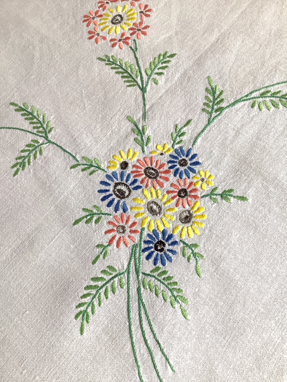 Vintage Ivory White Linen Tablecloth Hand Embroidered 86x82cms