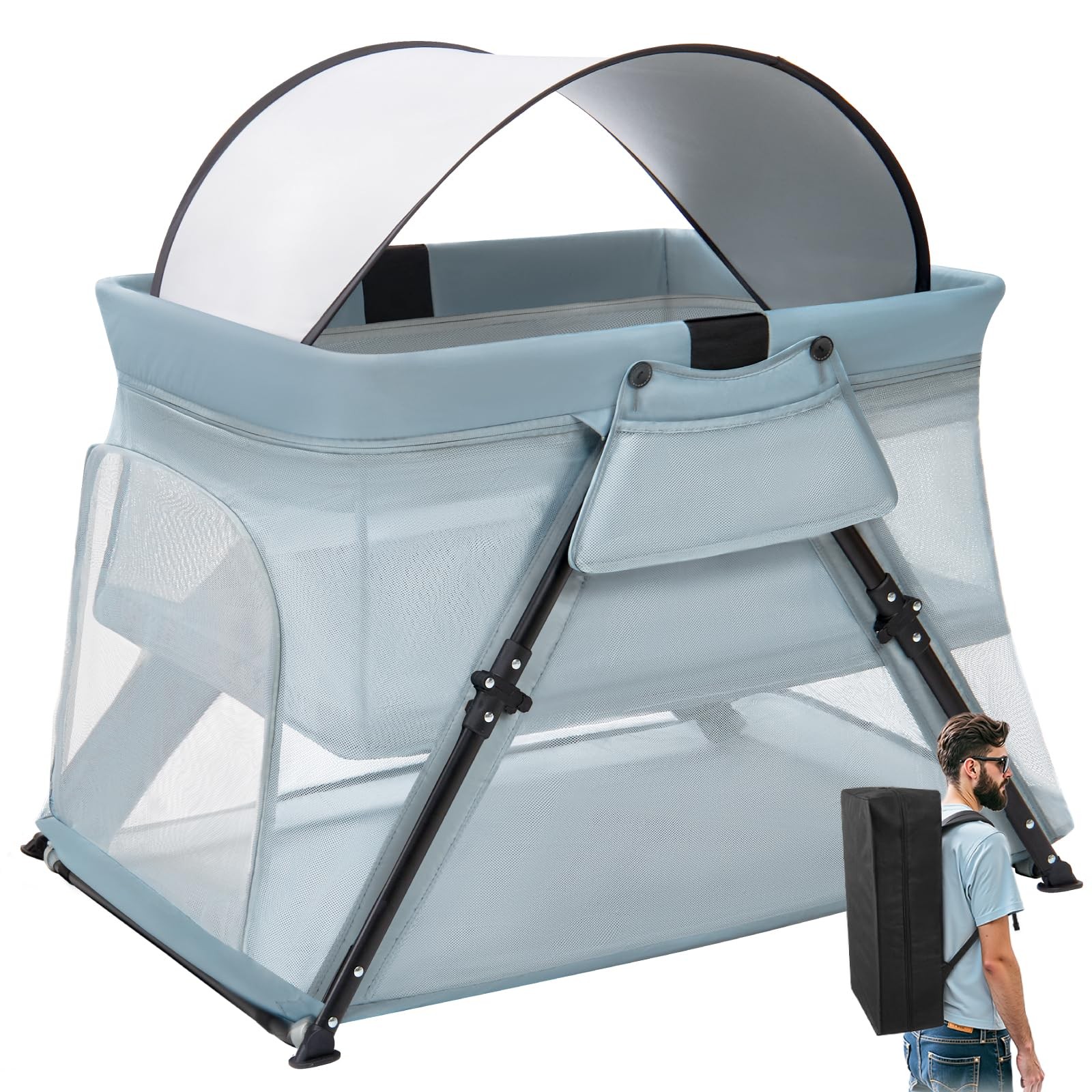 2-in-1 Travel Crib, Portable & Foldable Crib with Backpack, Lightweight Baby ...