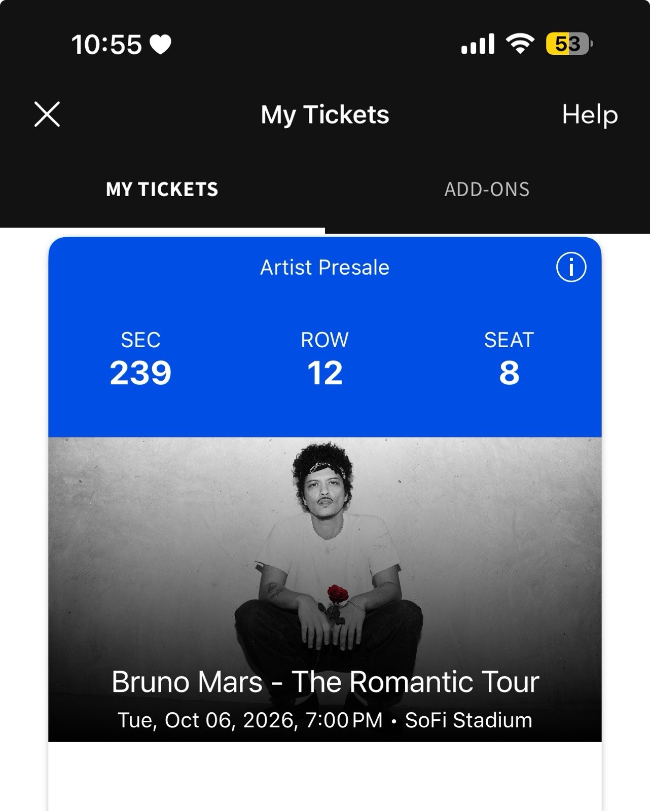 Bruno Mars Romantic Tour Ticket Oct 6 2026 7PM SoFi Stadium Sec 239 Row 12