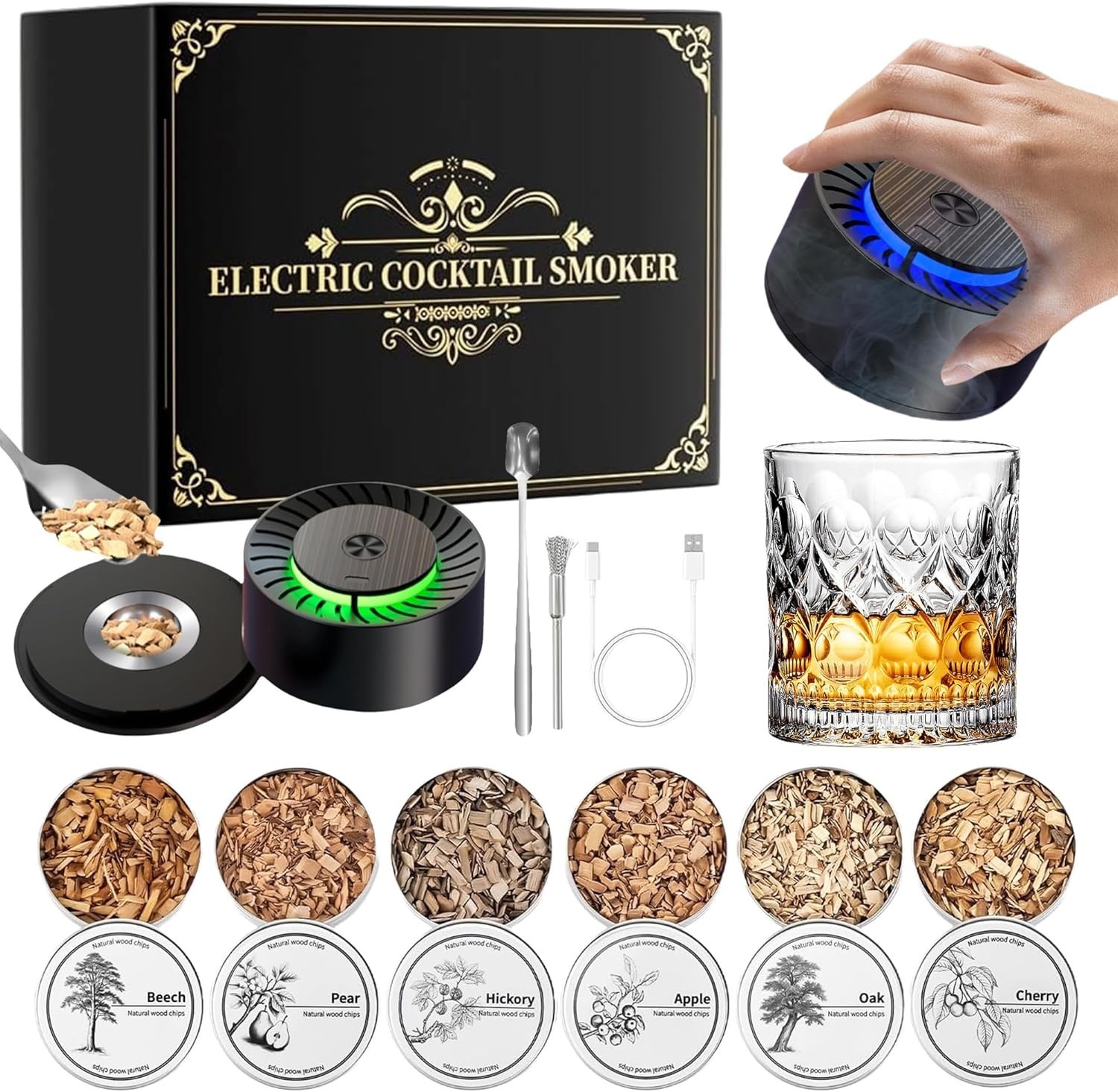 Rechargeable Electric Whiskey Smoker Kit, Cocktail & Old Fashioned Smoker Kit