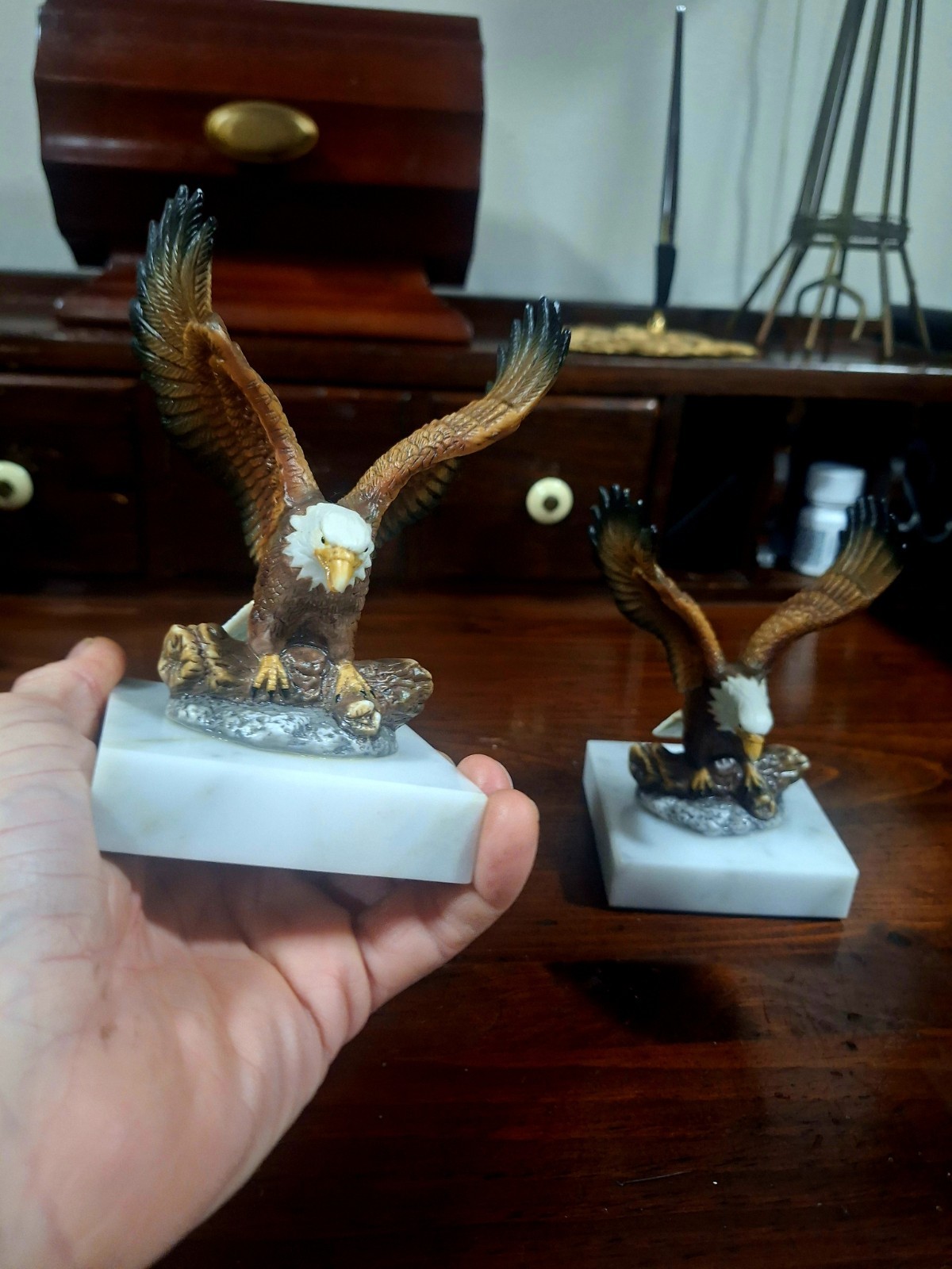 2 Vintage Ceramic Eagles On Marble Base's