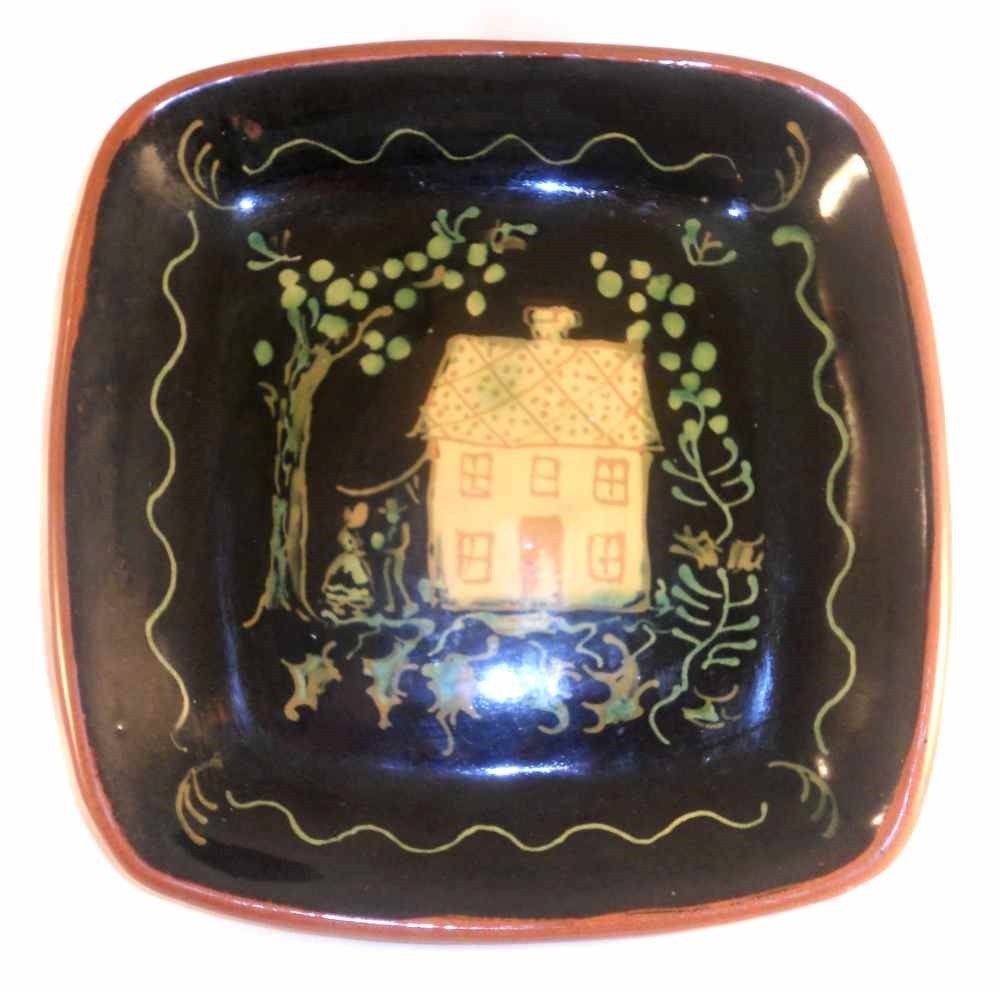 Glazed Oley Valley Pottery Pa Redware Moravian Style Square Plate House & People
