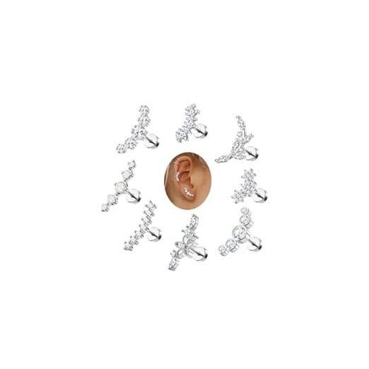 8Pcs 16G Cartilage Earring Stainless Steel Star Flower Opal CZ Helix Silver