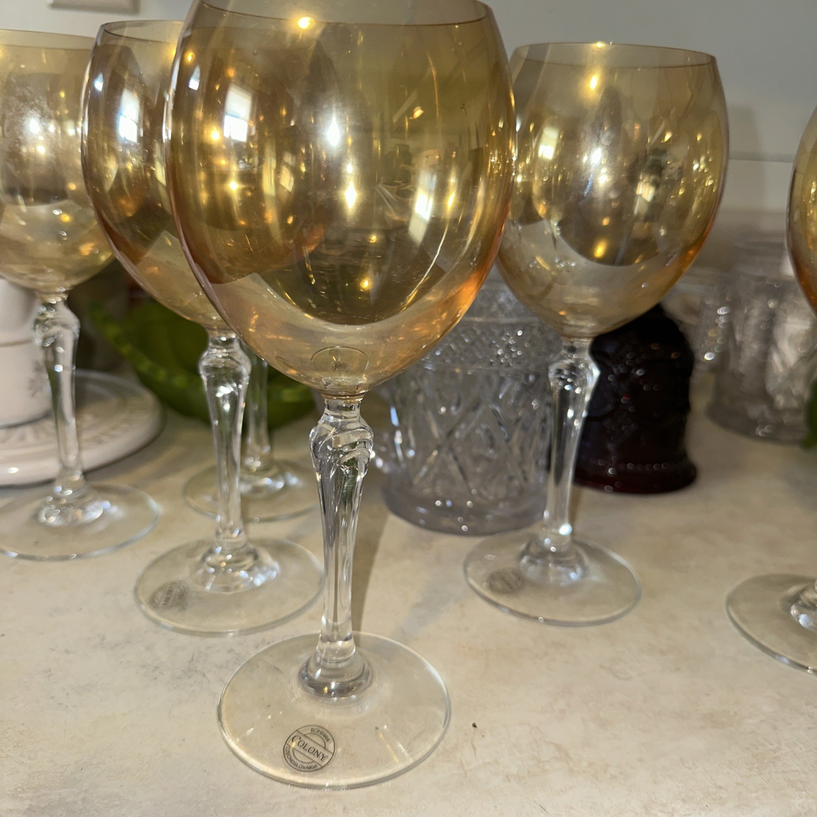 6) Bohemia Colony, Amber/Yellow Glasses Goblets/Wine, Iridescent, Czech Republic