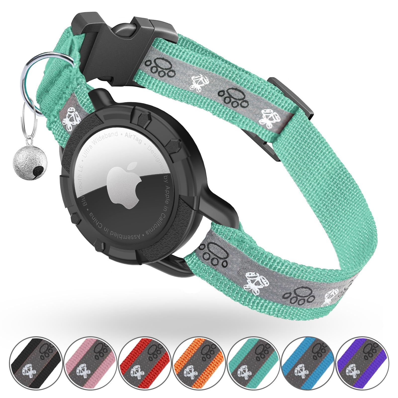 Reflective AirTag Cat Collar, Integrated Tracker Collar S(9"-13"), Green 
