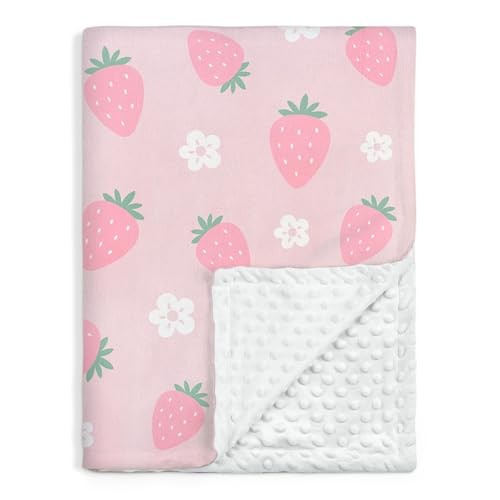 Minky Baby Blanket 30 x 40 Inches for Girls, Soft Plush Receiving Strawberry