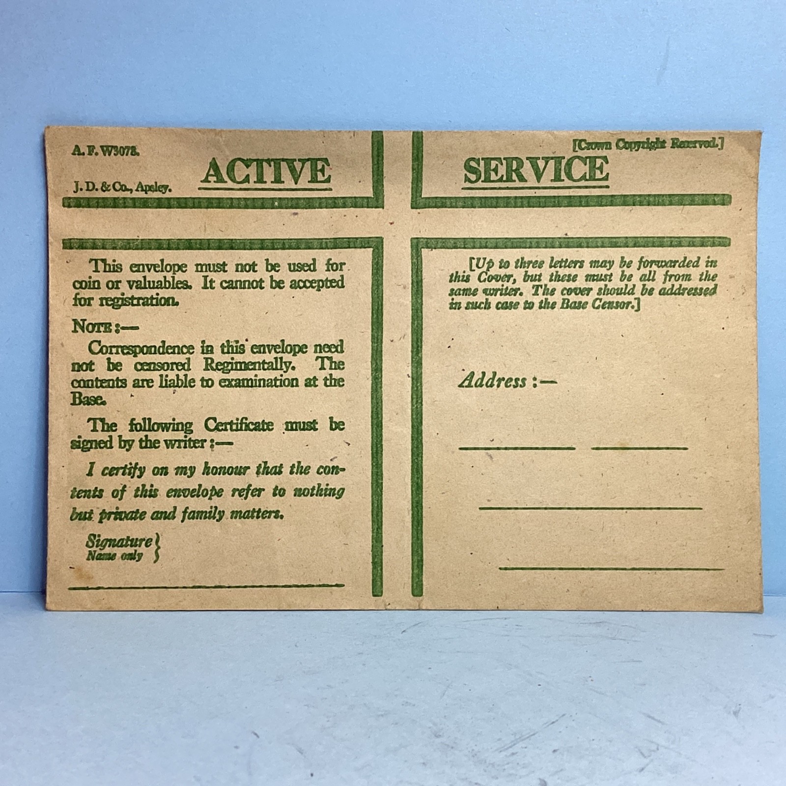 British Army Active Service Envelope WWI/WWII Unused Very Good Condition