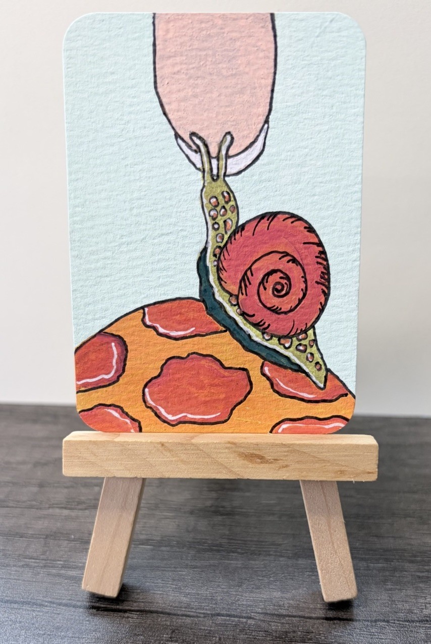 ACEO Original Snail and Mushroom Painting, Cute Animal, Bug Art Fantasy Garden