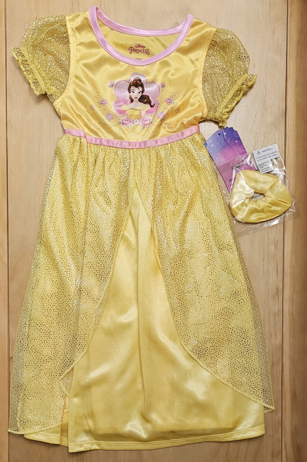 Size 2T Belle Nightgown & Matching Hair Tie Scrunchie Disney Princess Yellow New