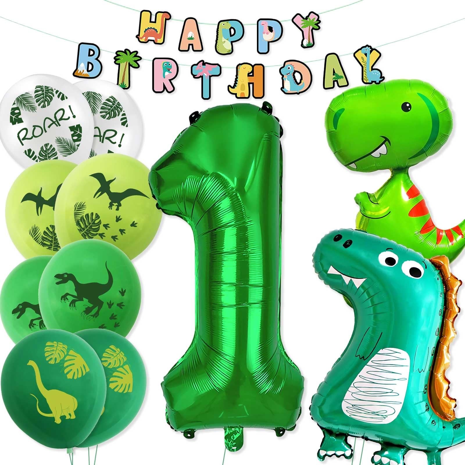 Happy 1st Birthday Decorations - Large Dinosaur Foil Balloons, Number 1 & Din...