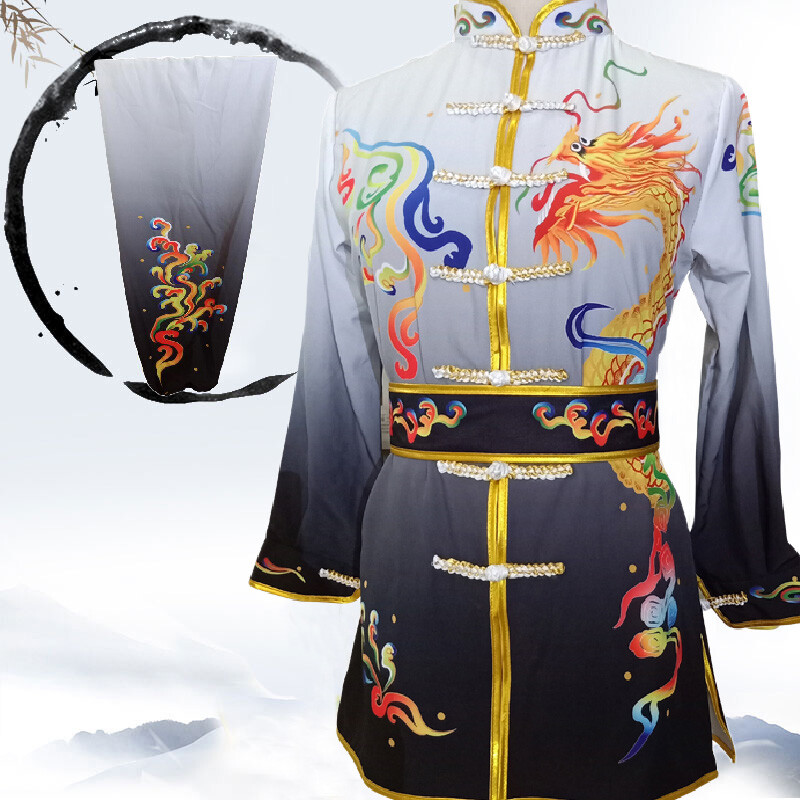 2pcs Gradient Martial Arts Uniform Kung Fu Tai Chi Suit Dragon Embroidery Outfit
