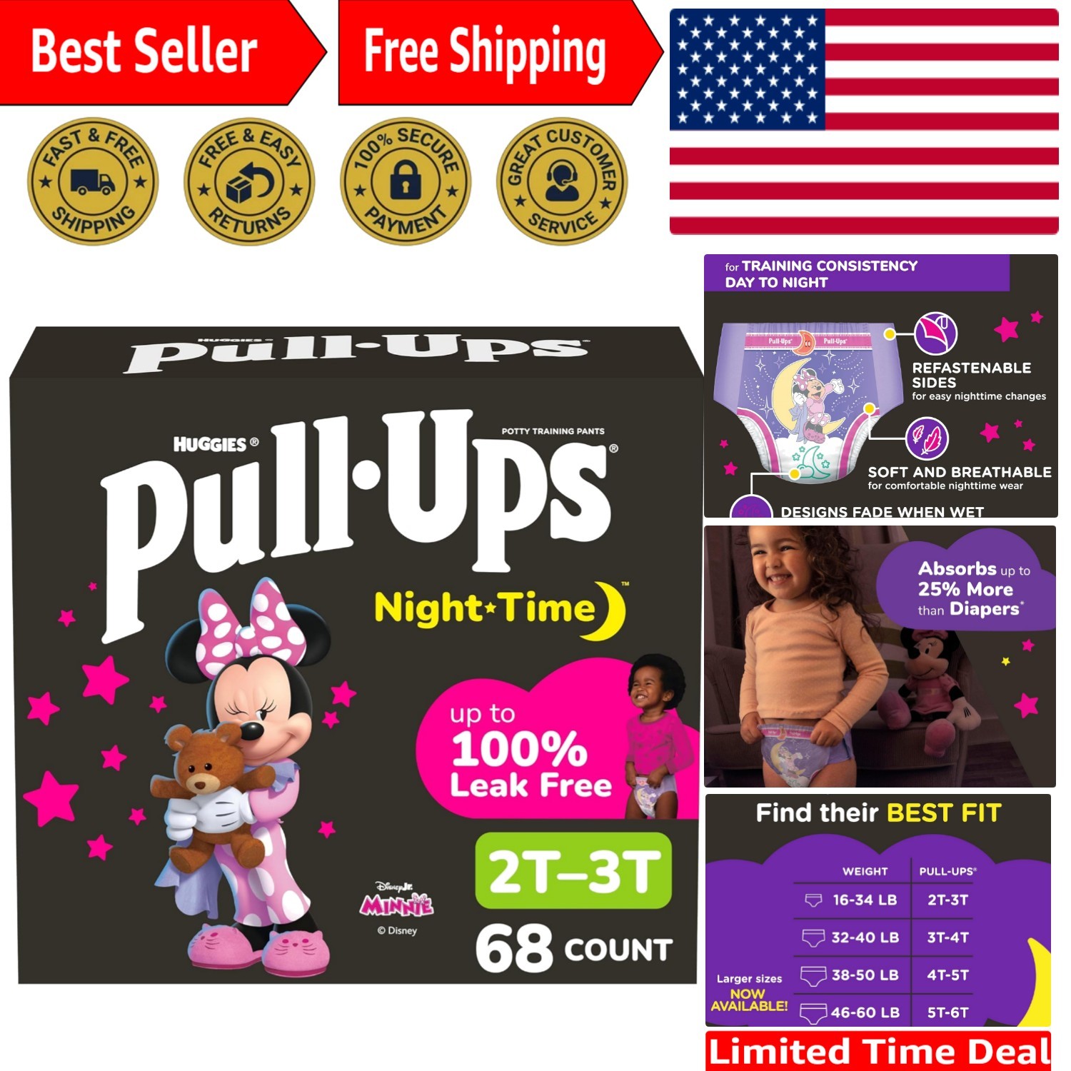 Girls' Nighttime Potty Training Pants 2T-3T - 68 Count, Minnie Mouse Design