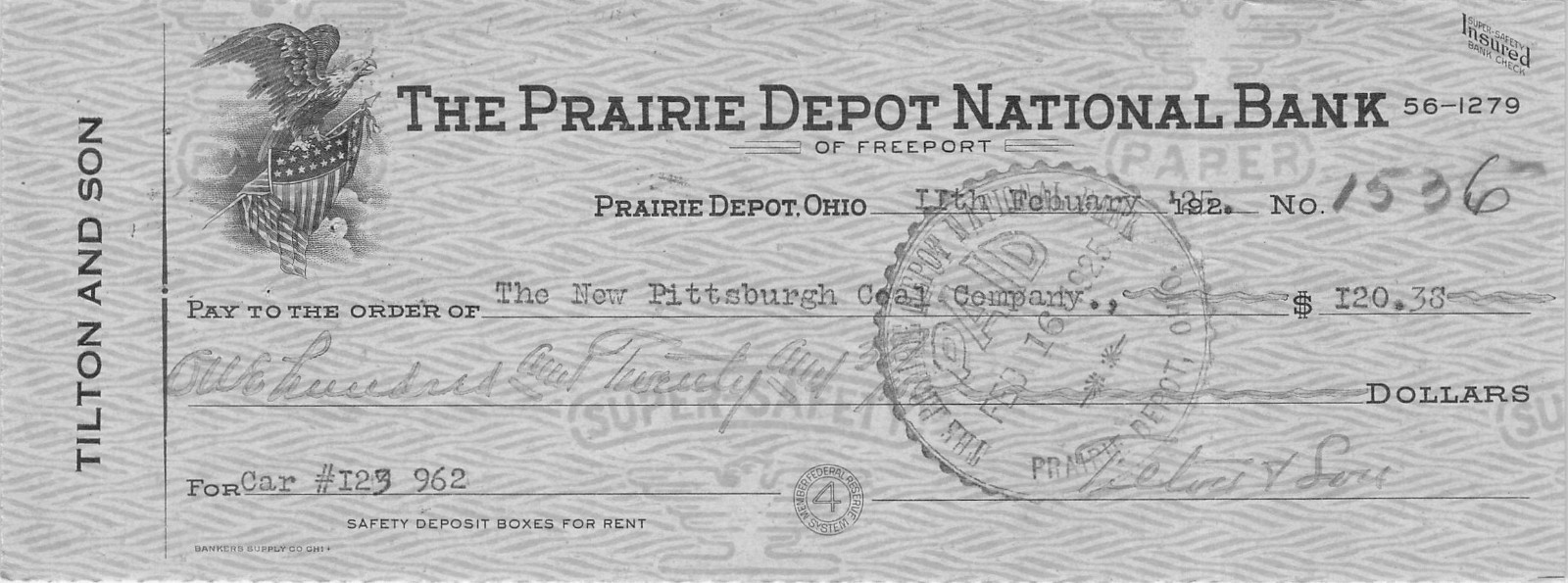 NEW PITTSBURGH COAL PENNSYLVANIA  BANK CHECK DRAFT RECEIPT