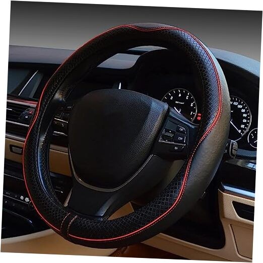 ESEWALAS Universal Car Steering Wheel Cover,Anti-Slip Leather Black with Red