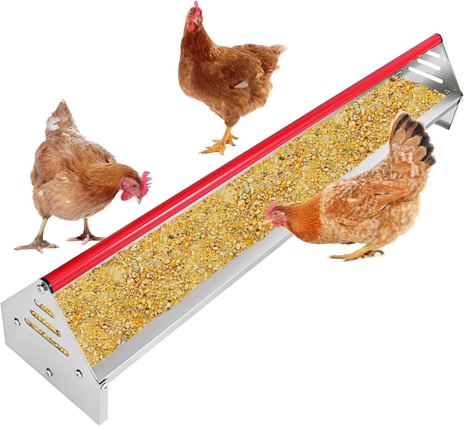 Chicken Feeding Trough 45", Heavy Duty Galvanized Steel Feeder with Drainage Hol