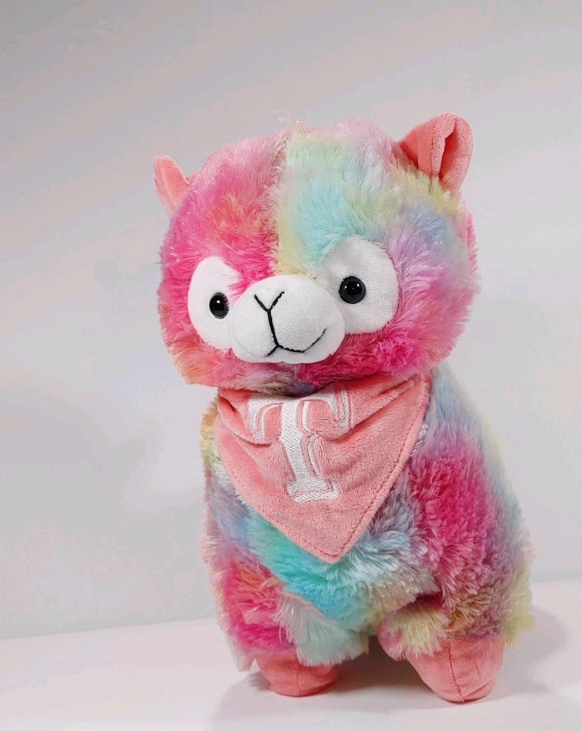 FOCO Texas Rangers Plush Toy – Rainbow Tie-Dye Llama Stuffed Animal with Bandana