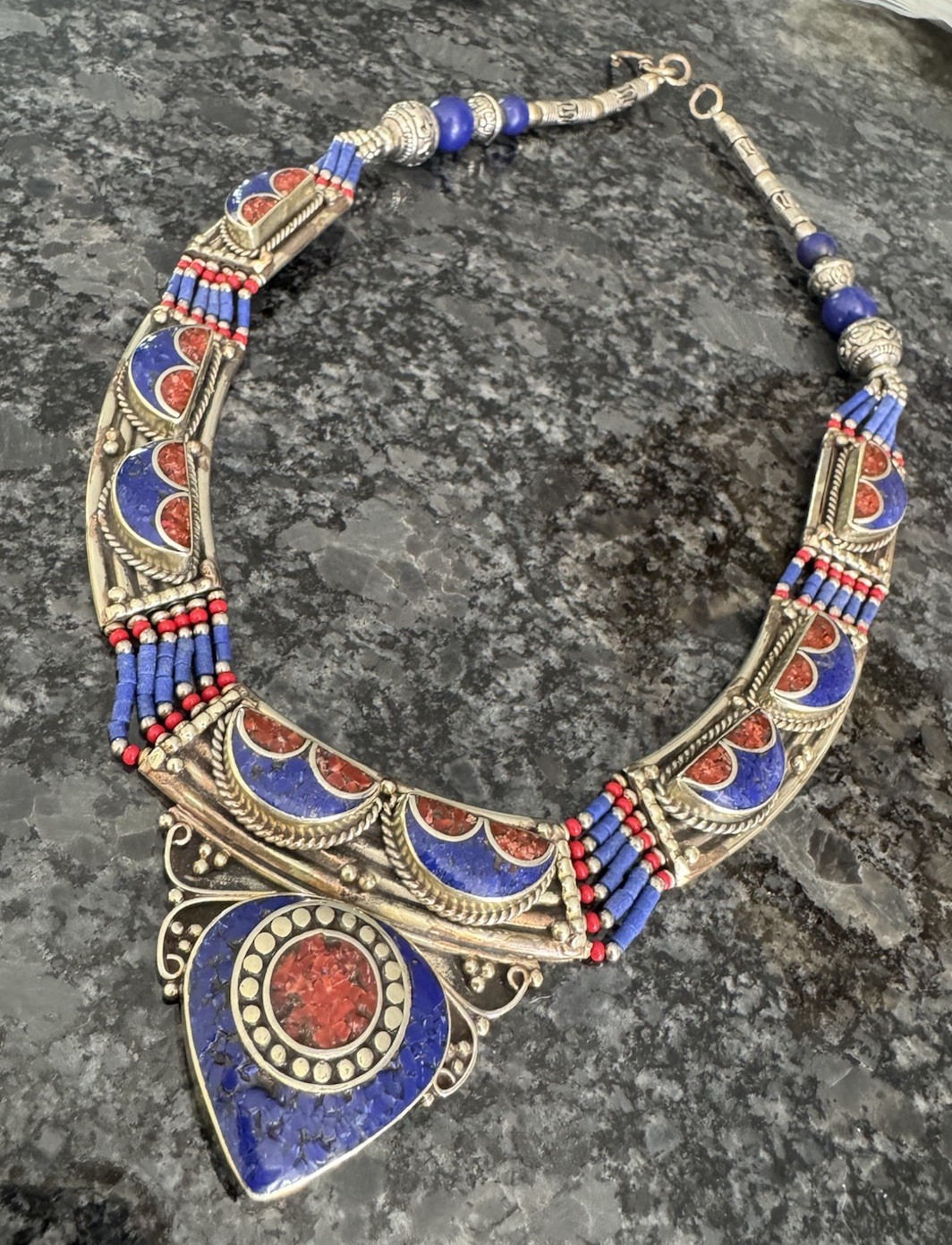 Vintage Tibetan Necklace Silver & Brass Lapis Lazuli, Turquoise, Coral Beaded