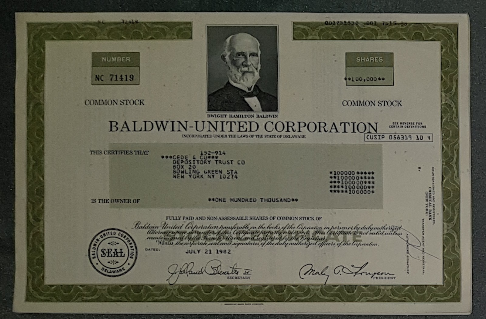 10 x Baldwin-United Corporation 1980s 100,000 shares each