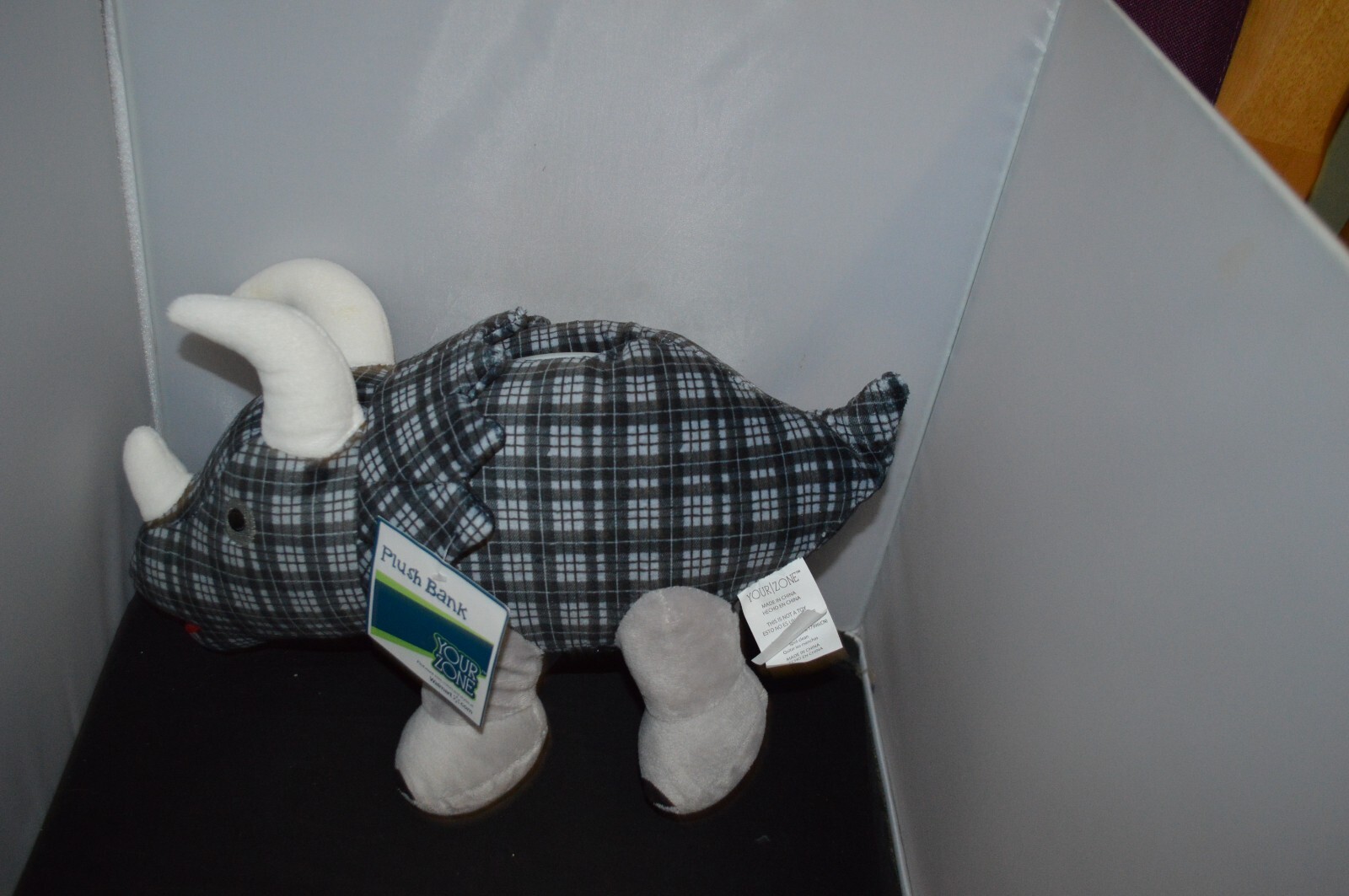 YOUR ZONE Dinosaur Triceratops 14" Gray Plaid Plush Coin Bank Room Decor Kids K4