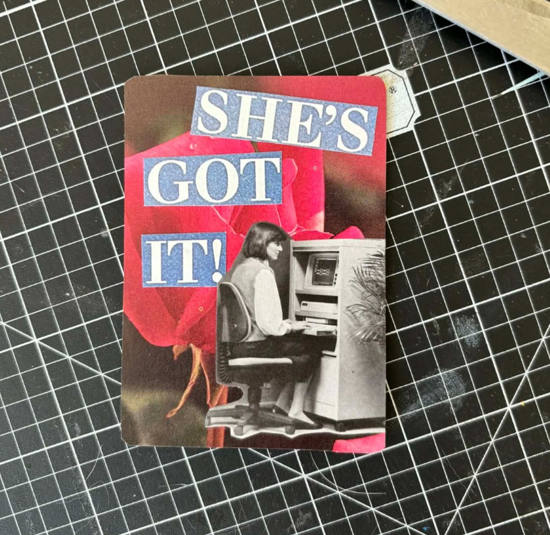 Original ACEO Collage Art "She's got it" - 2.5 x 3 Playing Card, one-of-a-kind