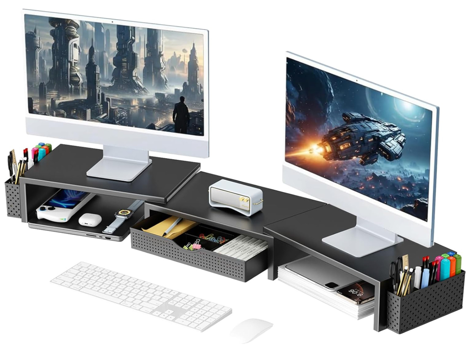 Dual Monitor Stand Riser Desk Organizer w/ Drawer & Pen Holders Computer Stand