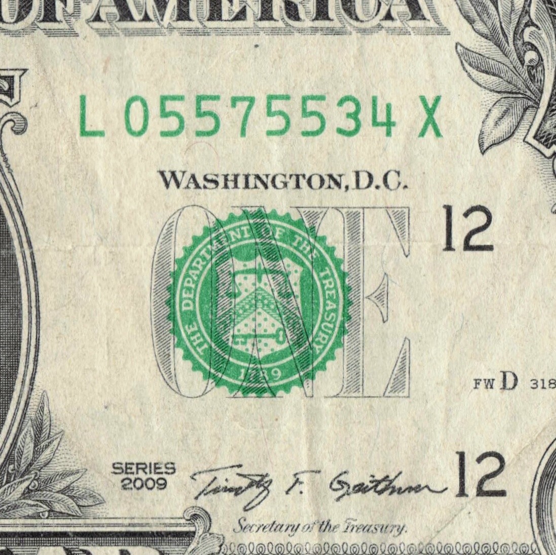 Series 2009 X Note Fancy Serial Number $1 Dollar Bill L05575534X