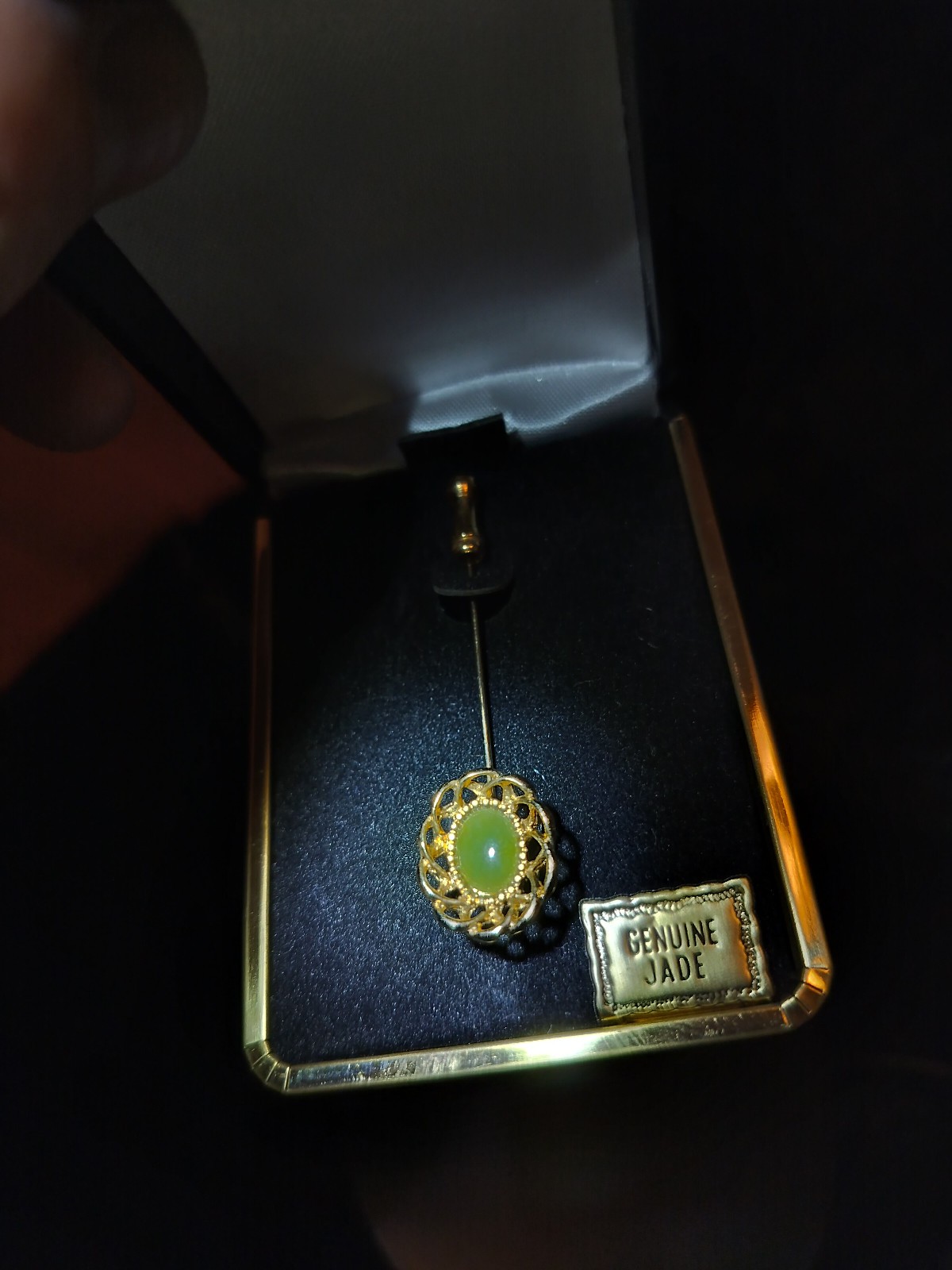 Genuine Jade Green Gold Tone Stick Pin with Original Vintage Box