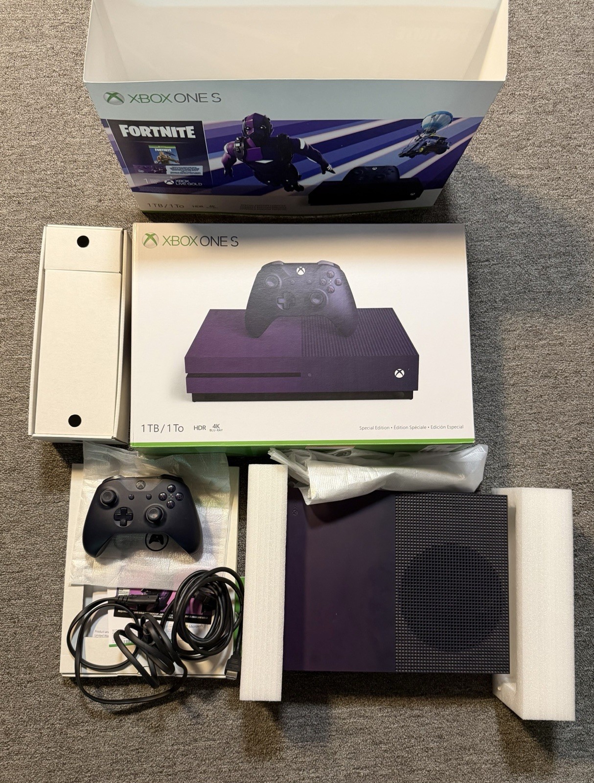 Microsoft Xbox One S Fortnite Edition Console, Controller, Box & Game Lot