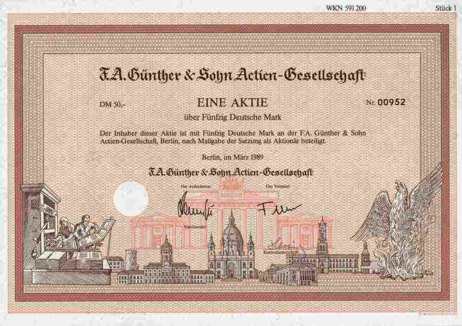 F. A. Günther & Sohn AG 1989 Leipzig Berlin Hamburg Krefeld Aachen 50 DM DECO