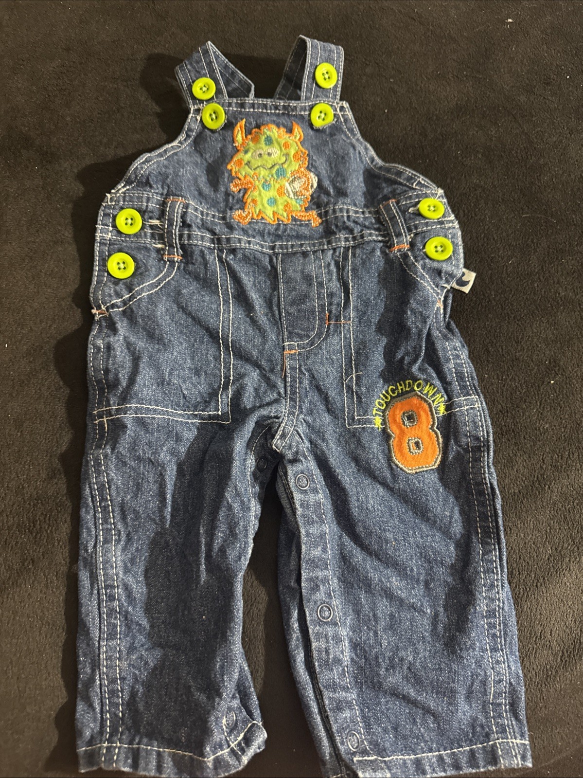 Vintage Baby Denim Overalls Size 0-3 Months Embroidered Monster Playing Football