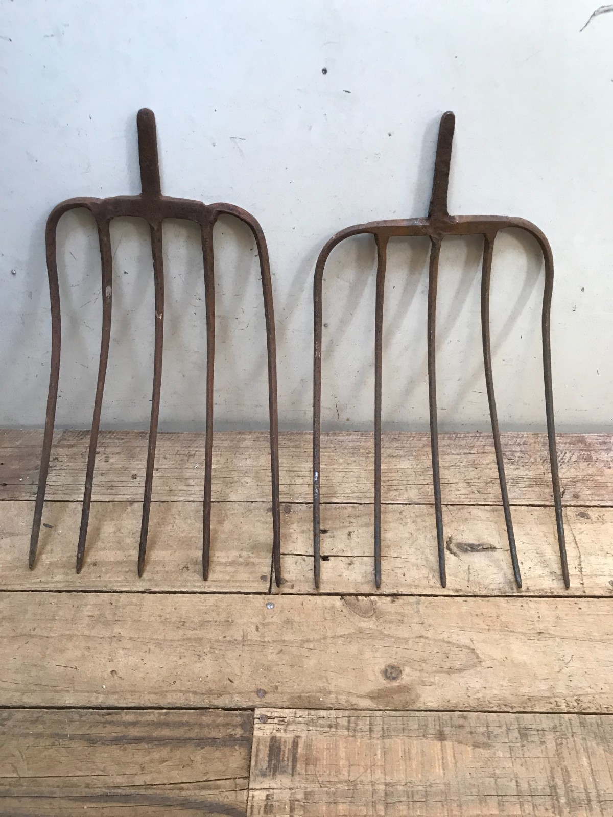 2 Old Vintage Rustic Metal 5 Tine Pitch Fork Head Primitive Quality Forged Steel