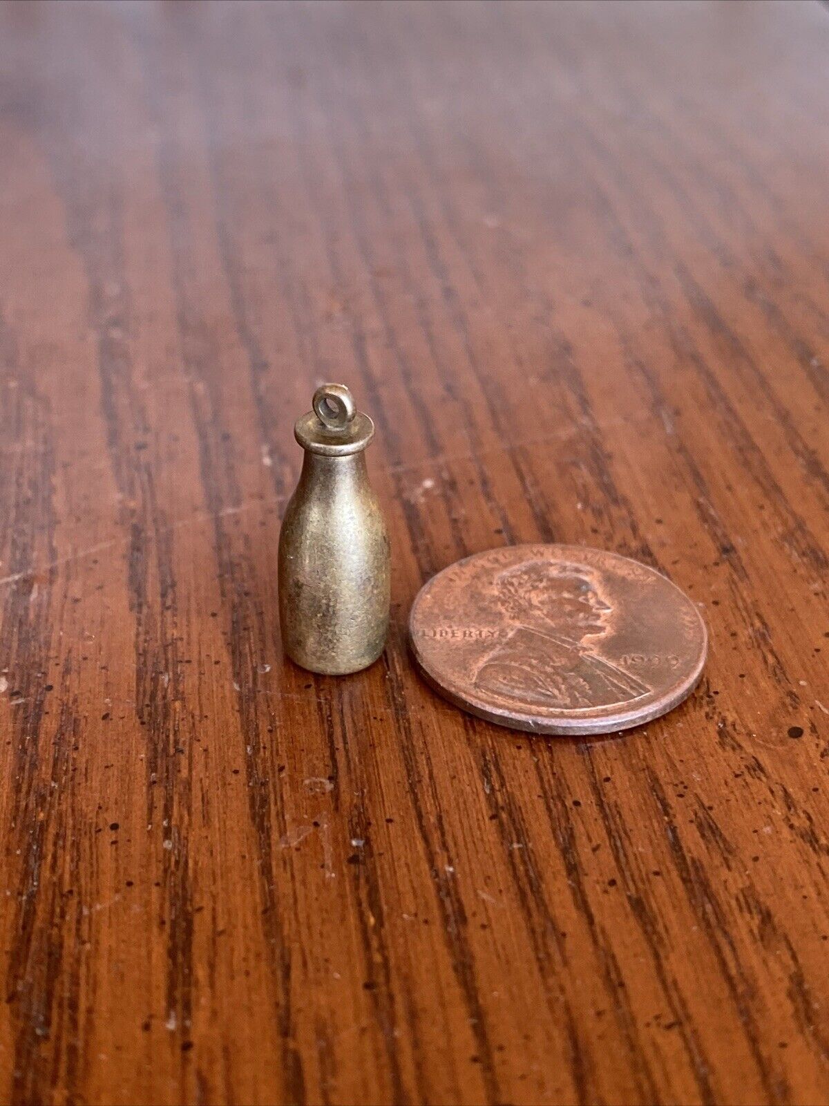 Old Vintage Solid Brass Bottle Charm Keychain Fob Pendant Milk Soda 3/4” Long