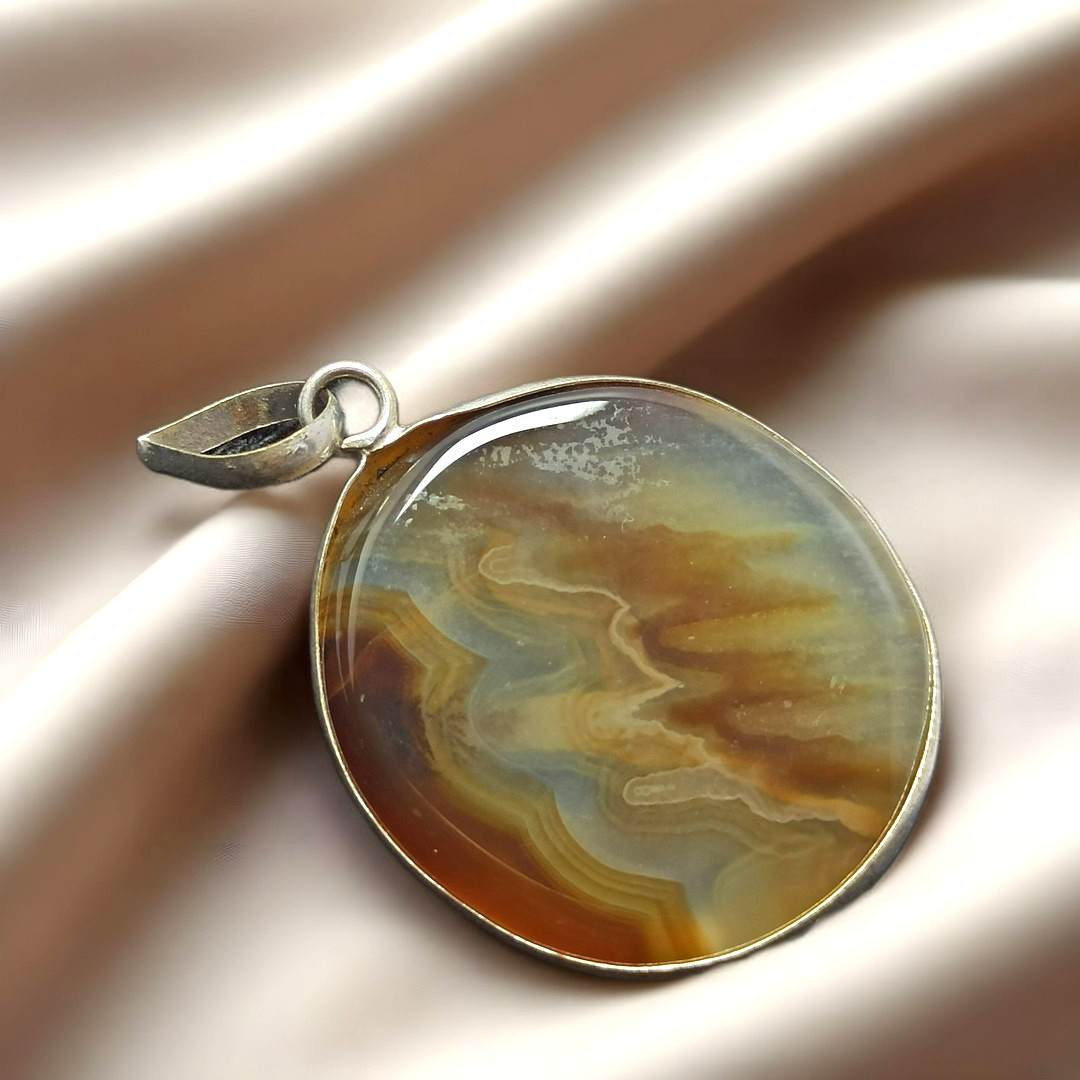 Natural Brown Banded Agate Pendant Sterling Silver Plated Gemstone Jewelry