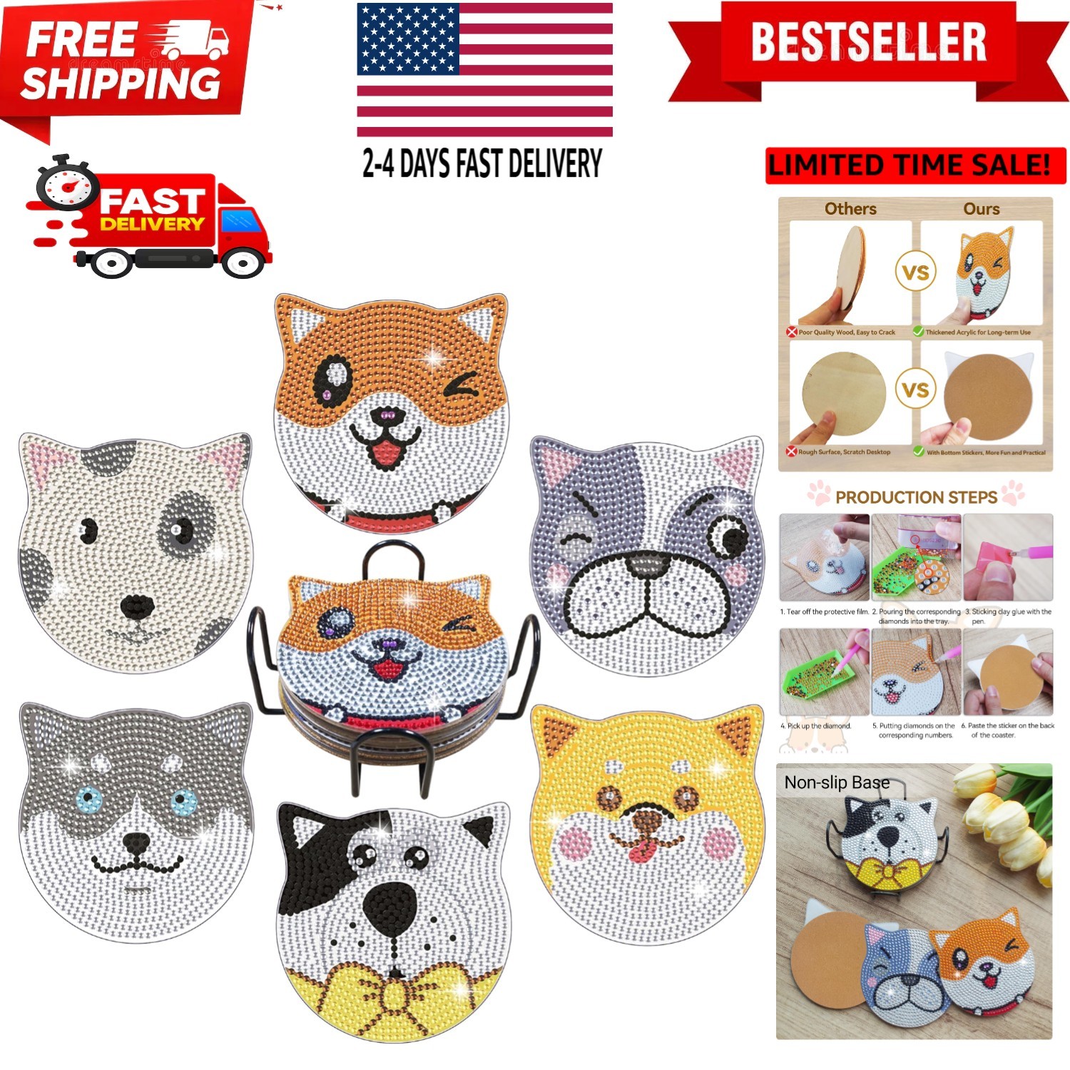 Diamond Painting Coasters Kits, 6 Pices Dog Diamond Art Coasters with Holder,...