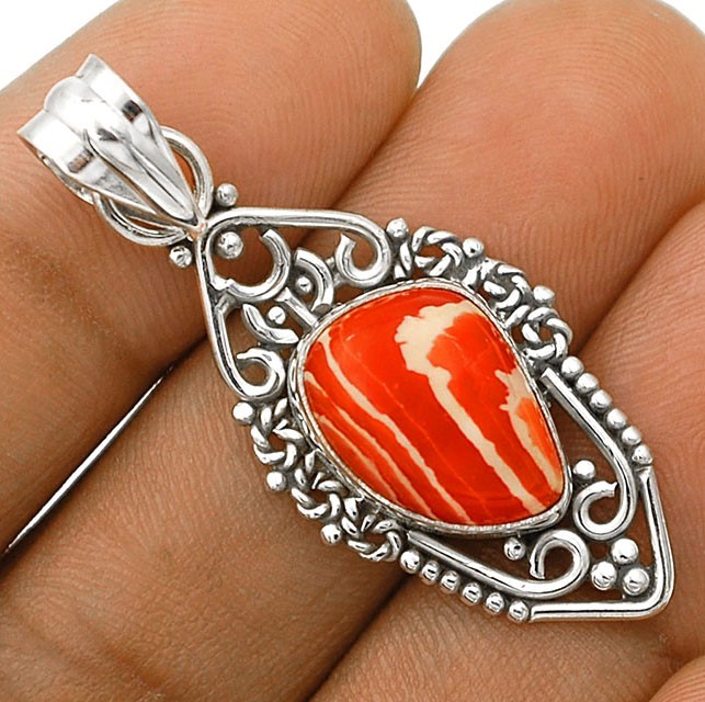 Natural Orange Opal 925 Sterling Silver Pendant 1 3/4'' Long 