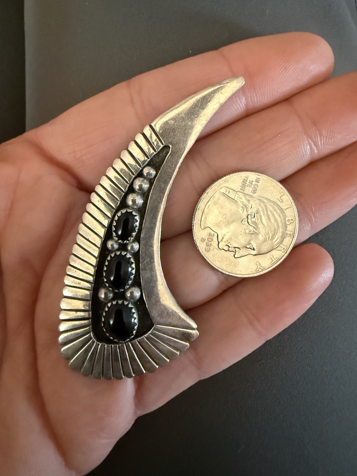 K.Y.  Sterling Silver Brooch Pin Black Oval Stones Asymmetrical Unisex