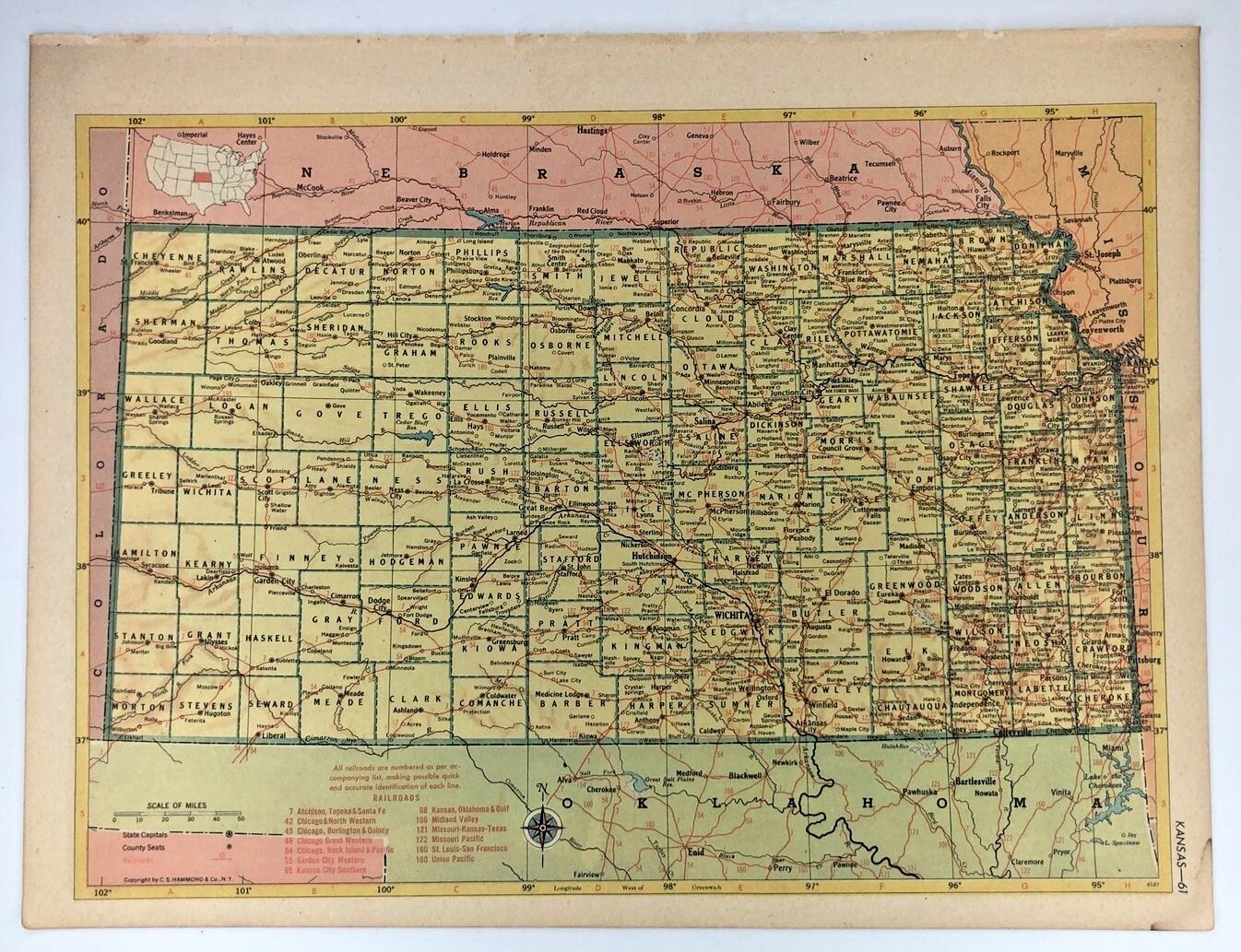 1952 Antique KANSAS Atlas Map - Vintage MCM Hammond's New Supreme World Atlas