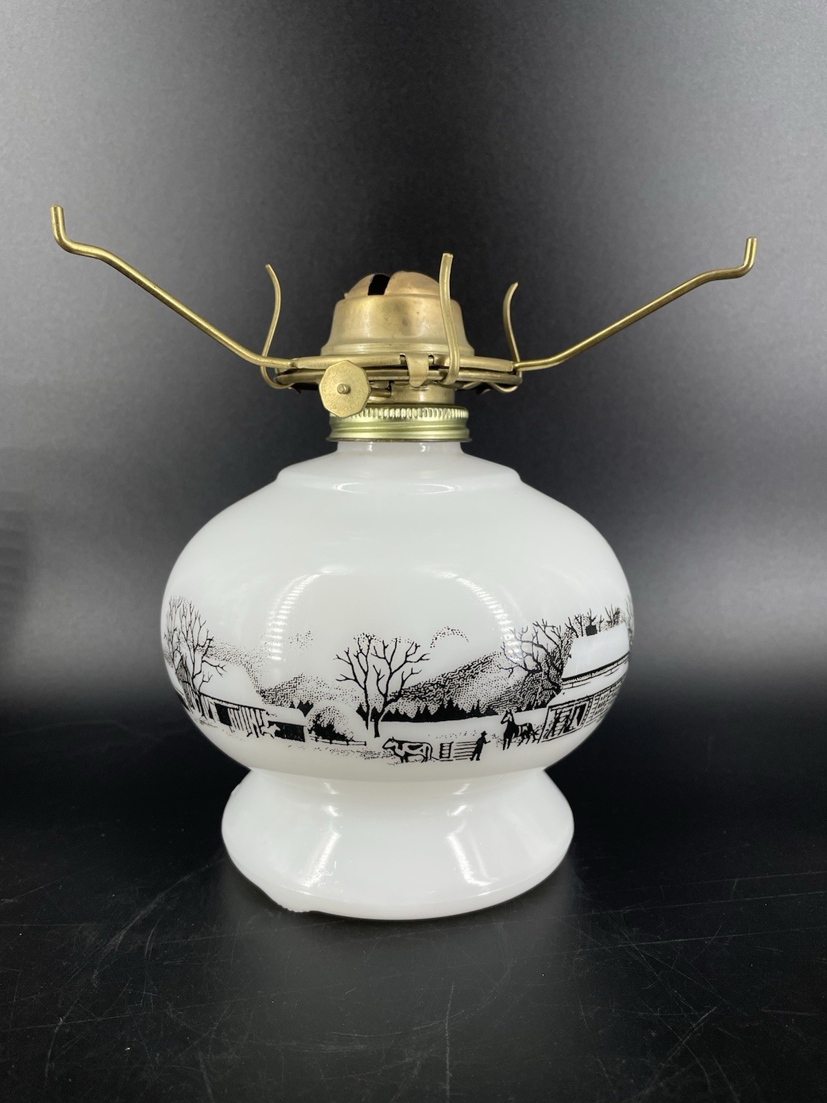 Vintage Currier & Ives Milk Glass Oil Lamp Base *No Hurricane Globe