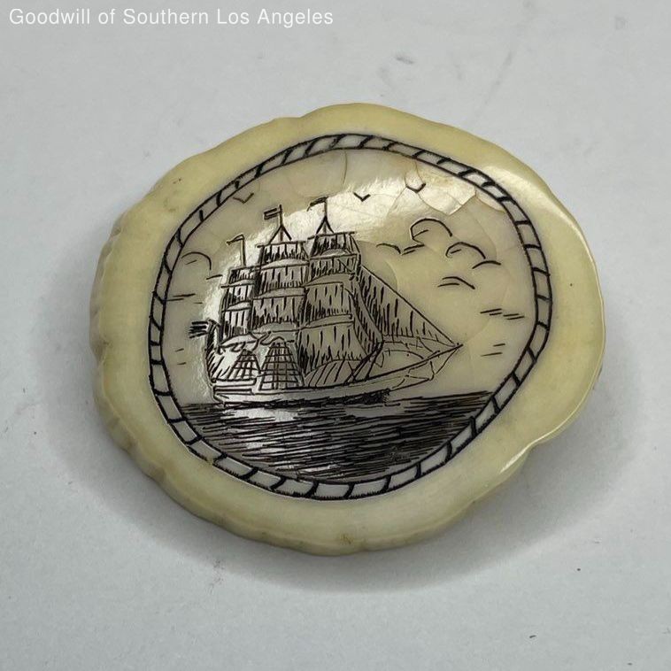 Vintage Scrimshaw Style Carved Ship at Sea Pendant Brooch