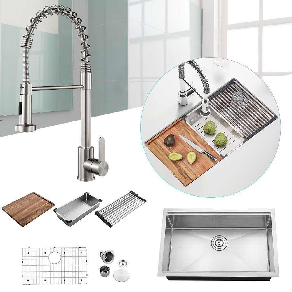 30" Undermount Single Bowl Sink 304 Stainless Steel Basin Kitchen  w/Faucet