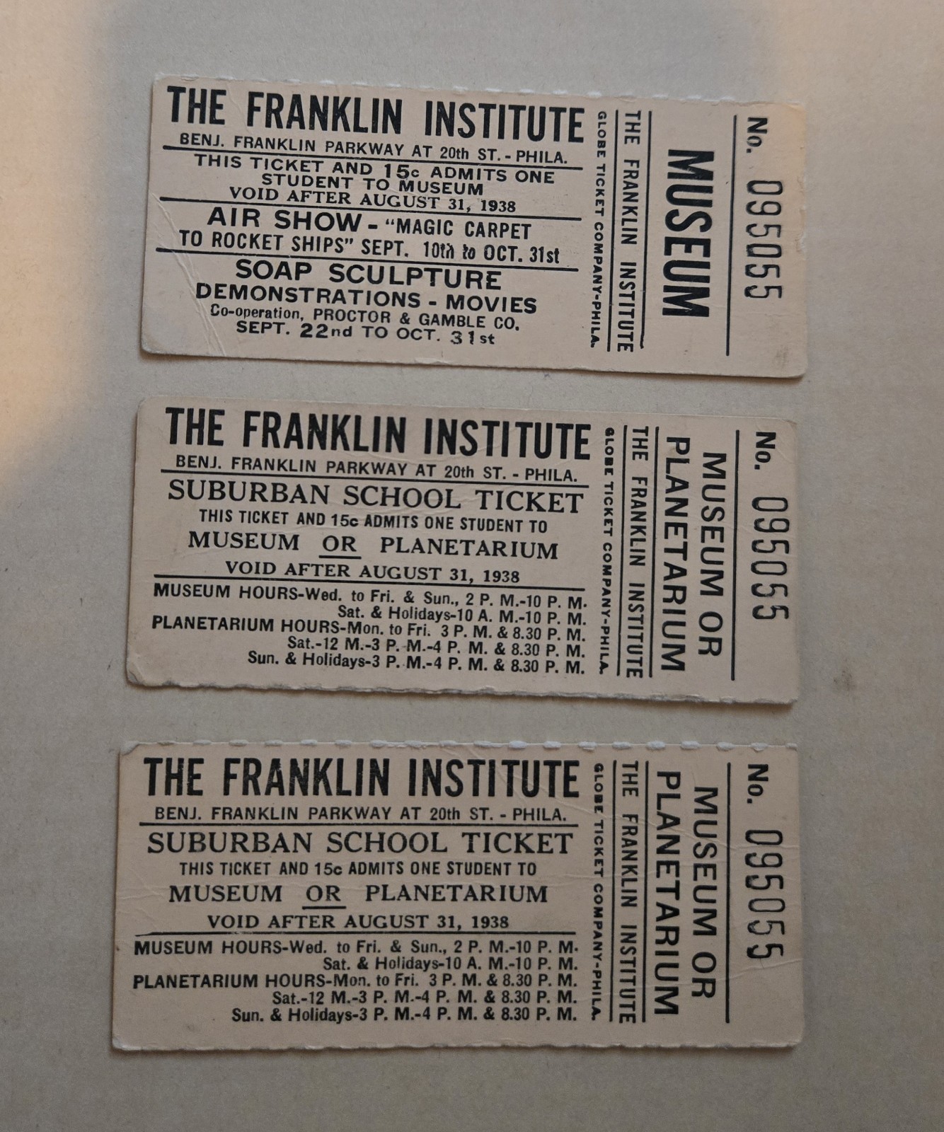 Vintage 1938 The Franklin Institute Museum Ticket Stubs