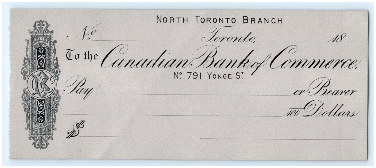 c1870 Canadian Bank of Commerce Check Unused North Toronto Branch