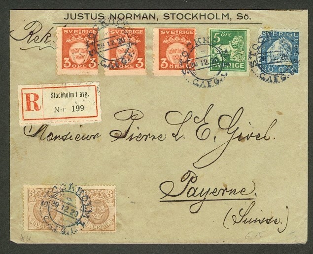 SWEDEN 1929 COMBO w/LABEL REG TO SWITZERLAND