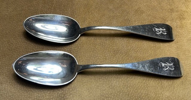 A pair of fine Quality Antique Coin Silver Tablespoons by Farrington & Hunnewell