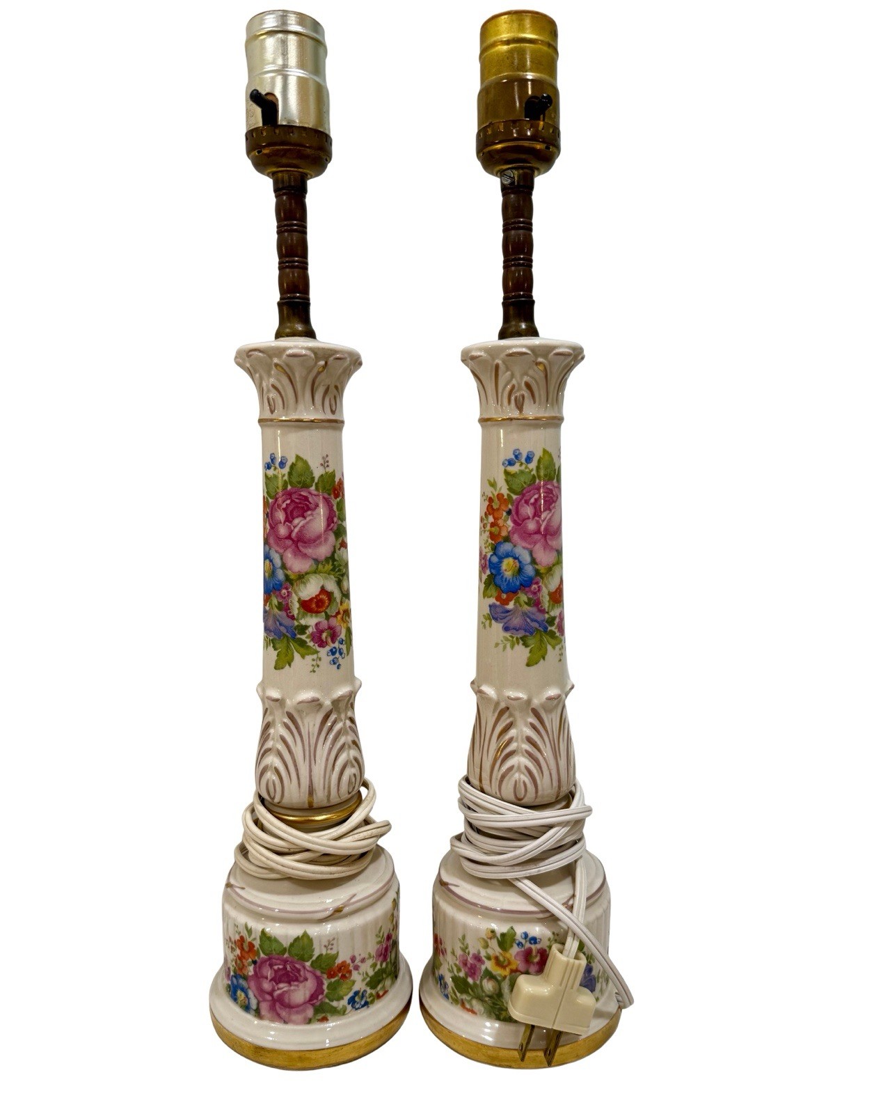 2 Vintage Hand Painted Sweet Fairy Lamps Pink Mint Gold Porcelain Cottage