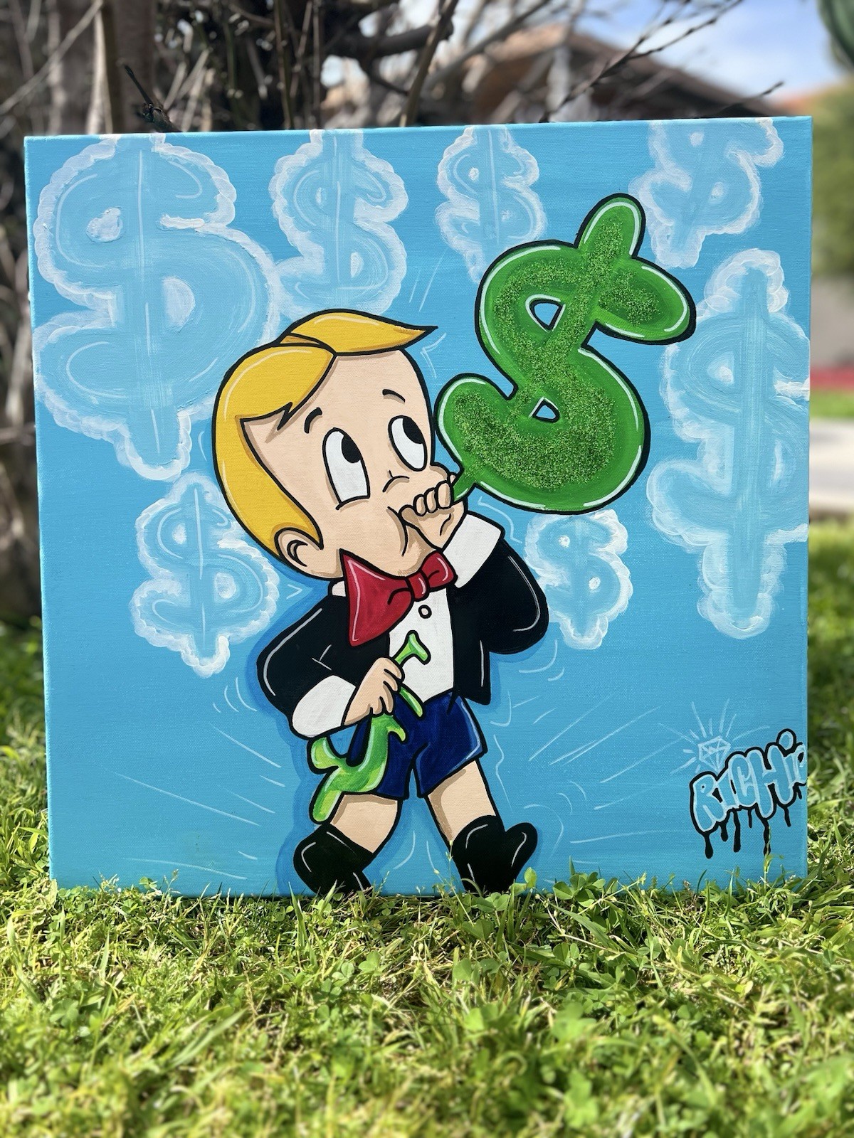 Richie Dollar Sign Cartoon Pop Art Original Signed Canvas