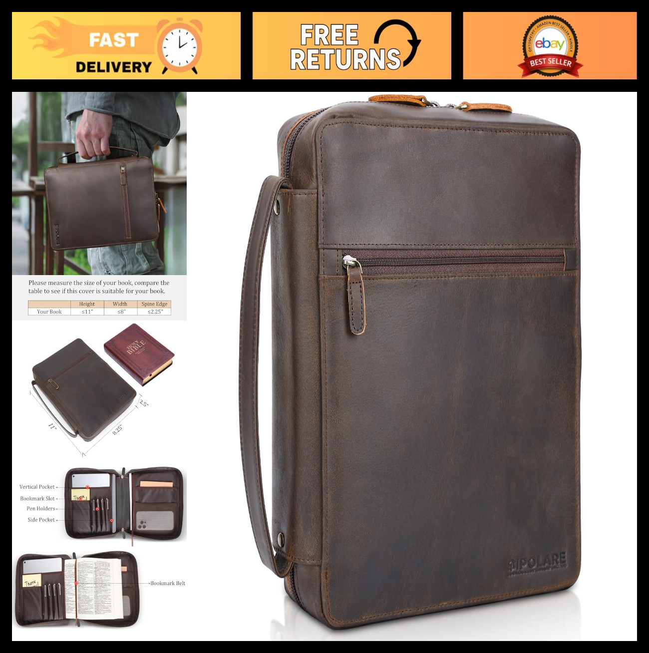 Full Grain Leather Bible Cover & Church Bag - Protective Book Holder, Dark Brown
