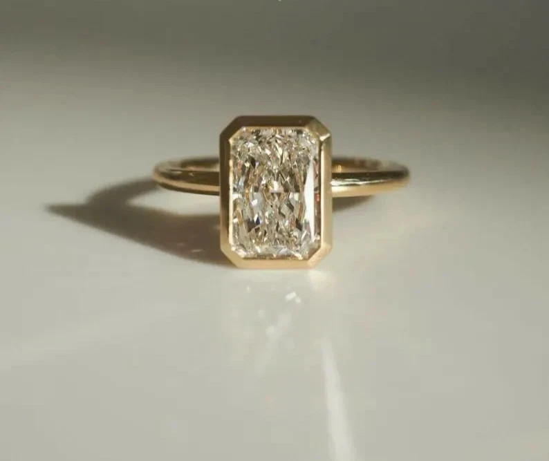 2CT Radiant Cut Lab Created Diamond Bezel Engagement Ring 14k Yellow Gold Plated