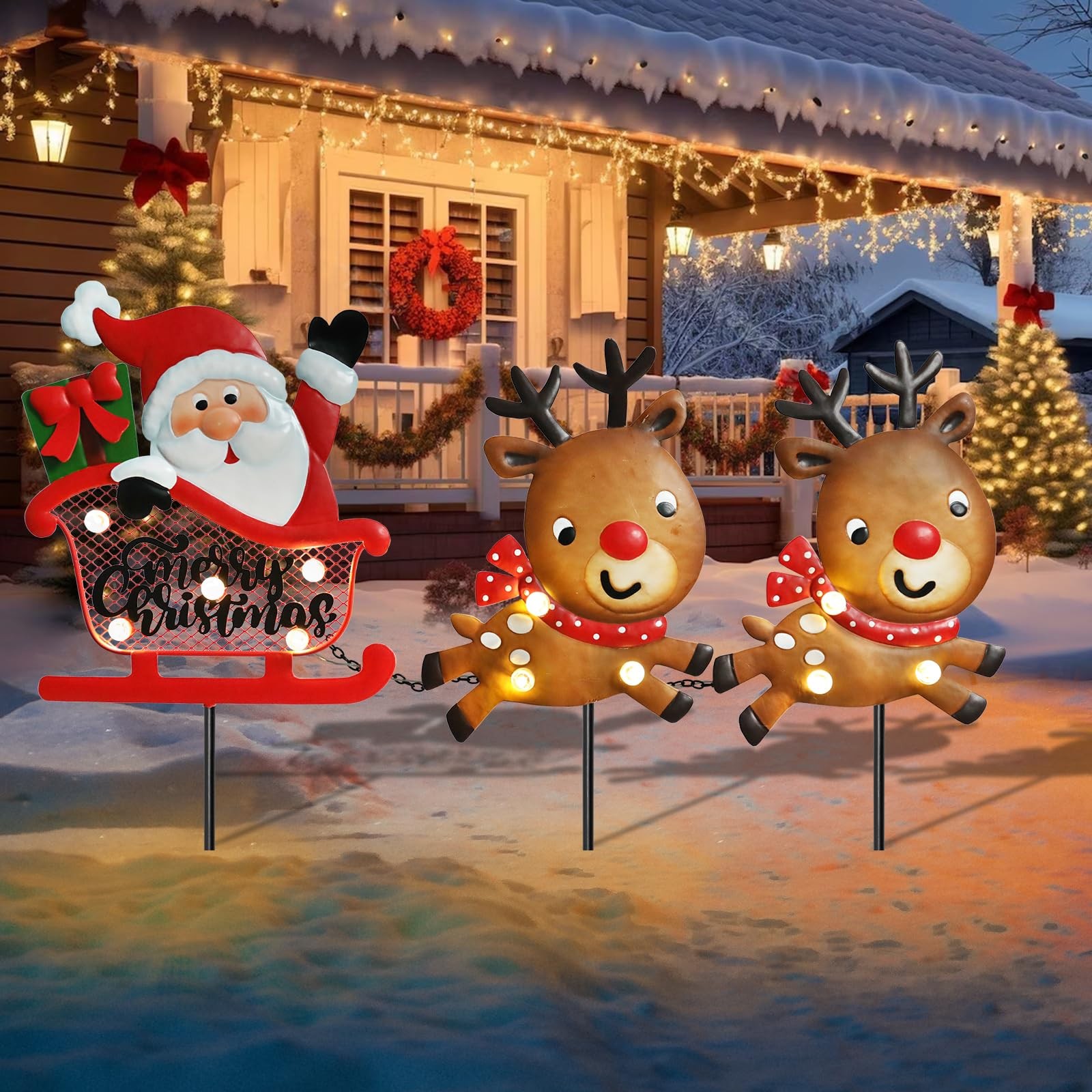 Christmas Metal Yard Stakes, Lighted 3 Pack Christmas Garden Stakes Yard Sign...