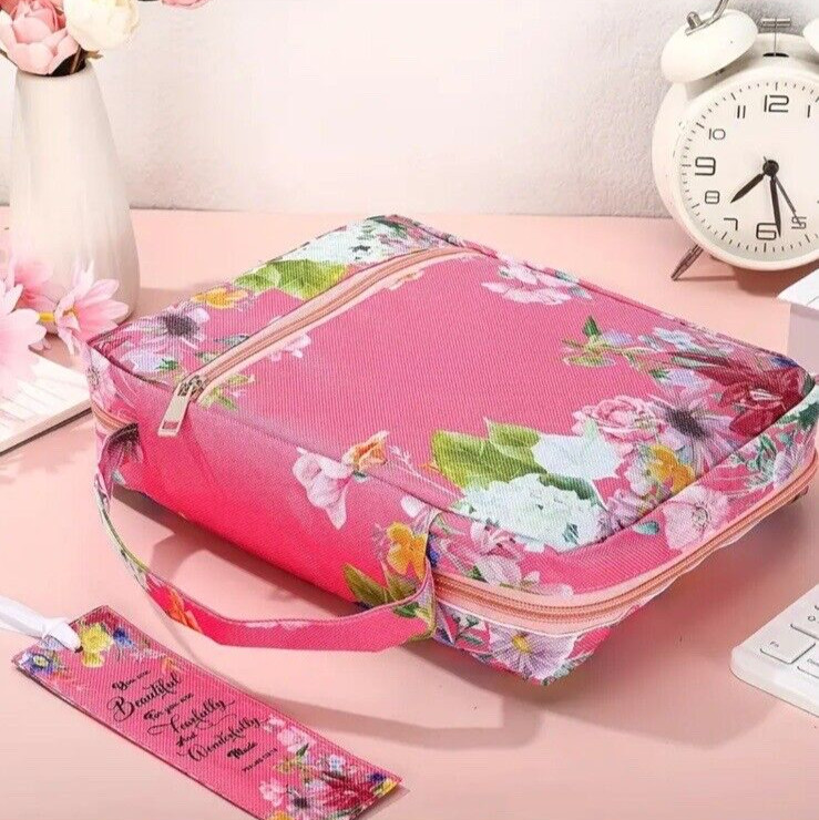 Bible Cover Case Floral w/Handle Back Pocket 10" Women Bible Bag w/Bookmark Pink